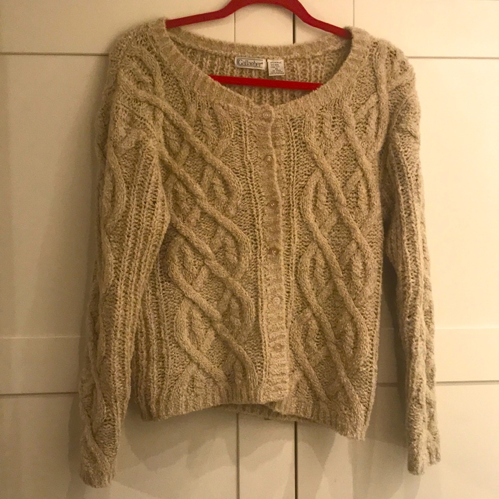 Vintage Fuzzy Cable Knit Chenille Teddy Cardigan M